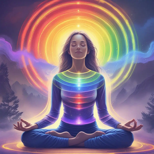 Frau meditiert im Lotussitz, umgeben von leuchtender, mehrfarbiger Aura und Chakren, Regenbogen-Energiefeld, Spiritualität, Meditation, Energiearbeit.