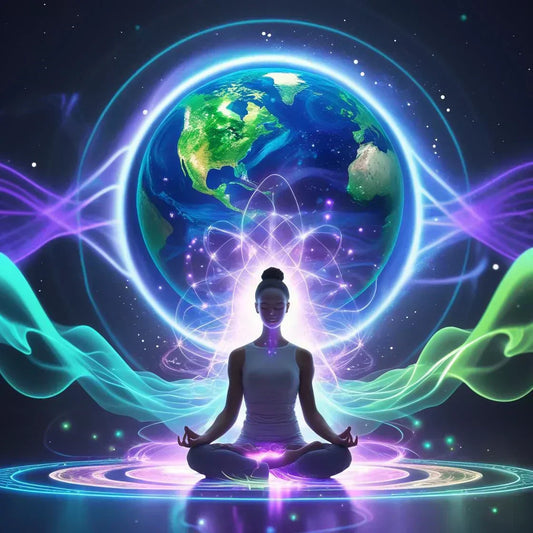 Eine Person sitzt im Lotussitz und meditiert vor einer leuchtenden, energetischen Darstellung der Erde. Umgeben von farbigen Lichtwellen und Energieflüssen, symbolisiert das Bild spirituelle Verbundenheit und die Kraft von Energiefeldern.