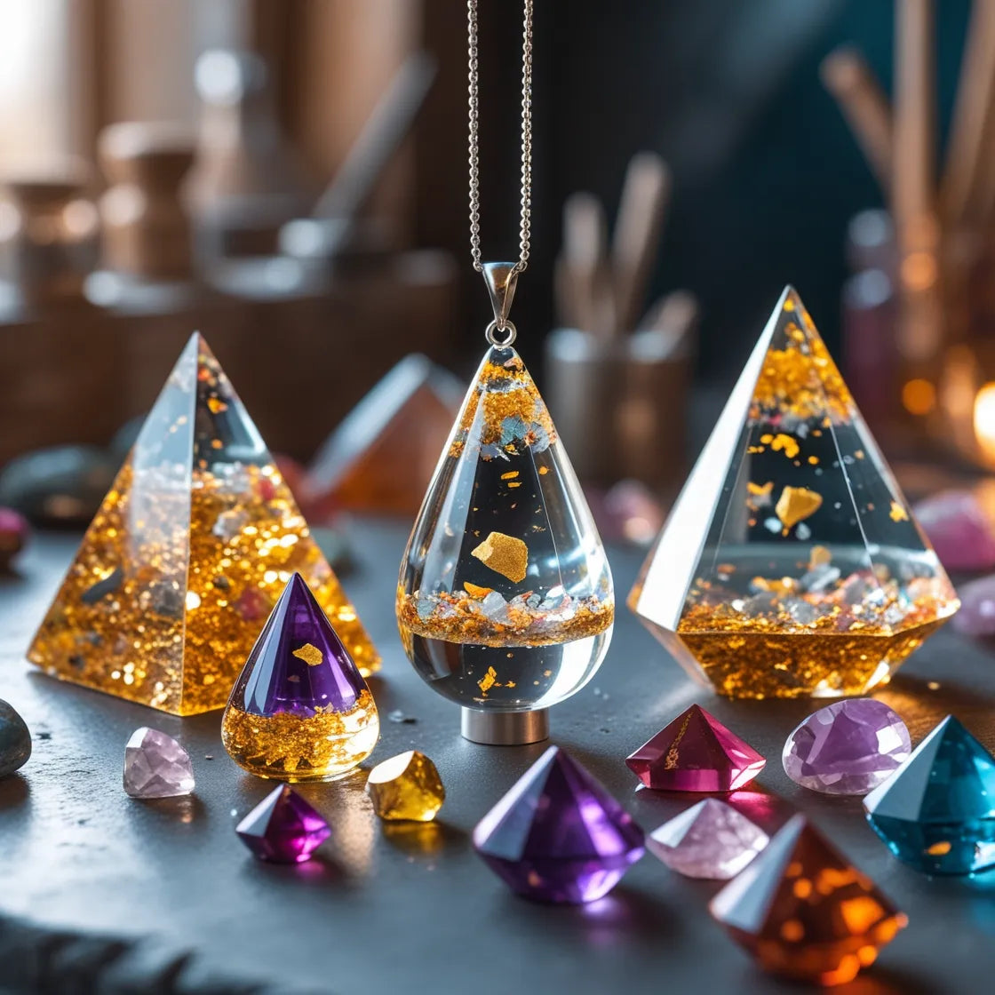 Handgefertigter individueller Orgonit mit Edelsteinen und Metall in Pyramidenform – energetisches Unikat aus der Kraftschmiede von Orgonergy