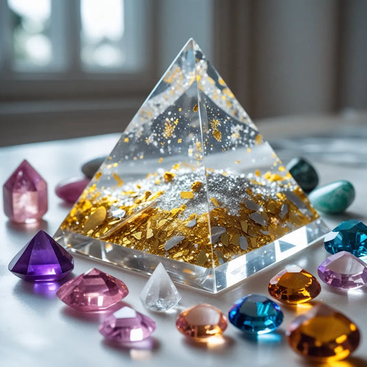 Handgefertigte Orgon-Pyramide aus Kristallen, Edelsteinen und Metallen – individuell gestaltet für persönliche Energie und Harmonie.